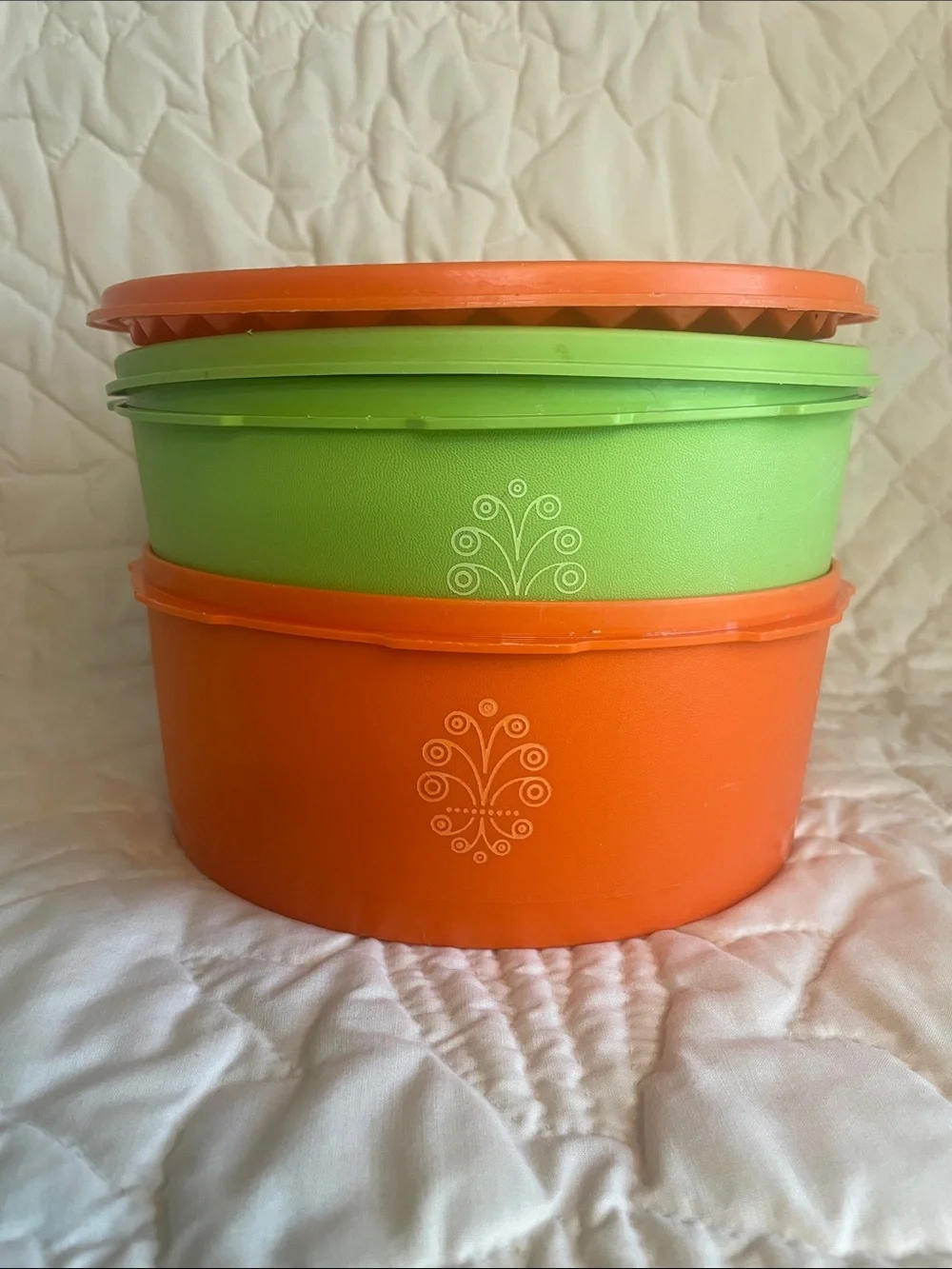 Tupperware Orange, Yellow & Green Round Storage Bowls with Lids